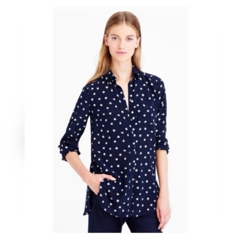 J. Crew Silk Clocks Pattern Navy Blue 3/4 Sleeve Button Down Shirt